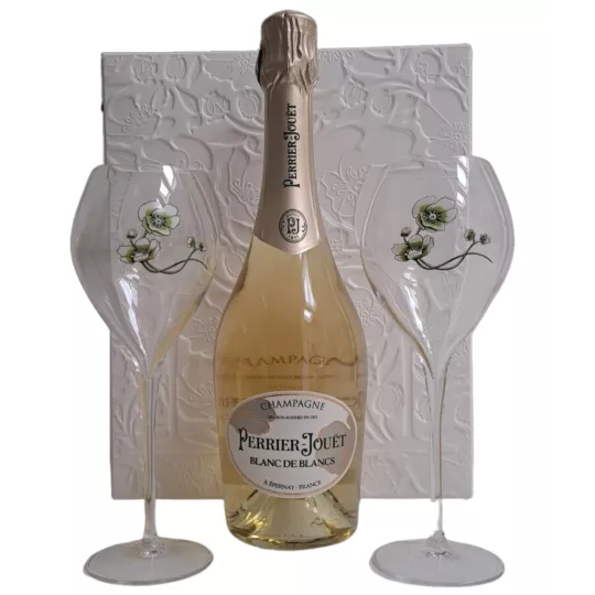 Bouteille de champagne Perrier-Jouët Blanc de Blancs 75cl avec deux flûtes, vue de face