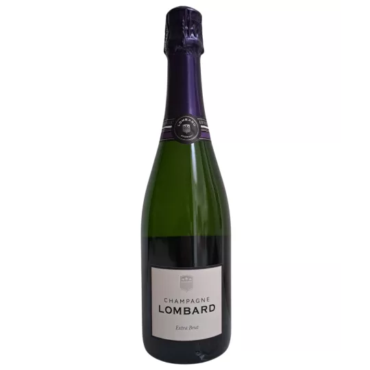 Bouteille de Champagne Lombard Cuvée Signature Extra-Brut, capsule violette, étiquette blanche, vue de face