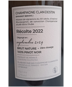 Champagne Clandestin cuvée Boreal 2022 dégorgé septembre 2024