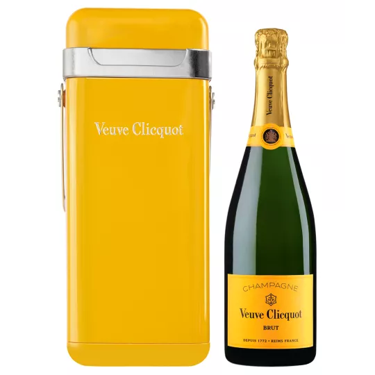Bouteille de Champagne Veuve Clicquot avec étui isotherme jaune, vue de face