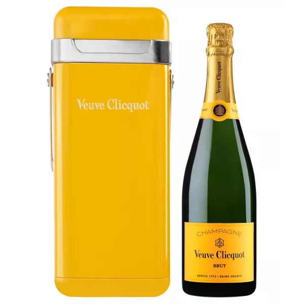 Bouteille de Champagne Veuve Clicquot avec étui isotherme jaune, vue de face