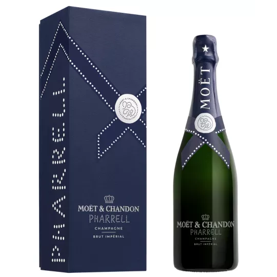 Bouteille de Champagne Moët & Chandon Brut Impérial Édition Pharrell Williams, vue de face, avec étui exclusif