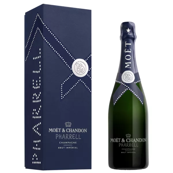 Bouteille de Champagne Moët & Chandon Brut Impérial Édition Pharrell Williams, vue de face, avec étui exclusif