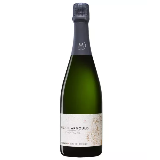 Bouteille de Champagne Michel Arnould Observation Grand Cru, vue de face, étiquette noire et dorée