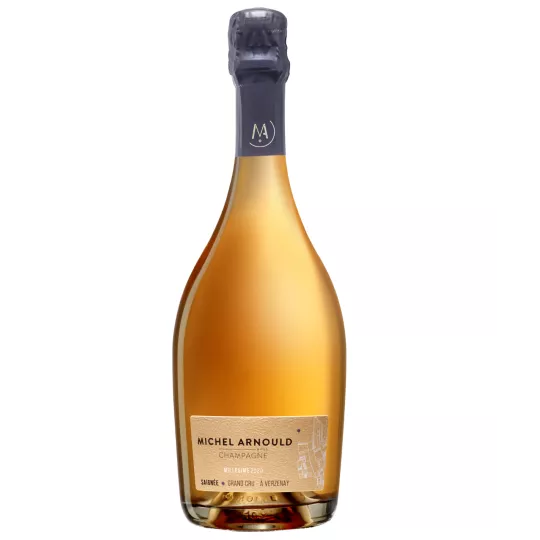 Champagne Michel Arnould Rosé Saignée 2018, bouteille transparente, robe rosée intense, vue de face