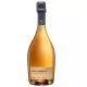 Champagne Michel Arnould Rosé Saignée 2018, bouteille transparente, robe rosée intense, vue de face