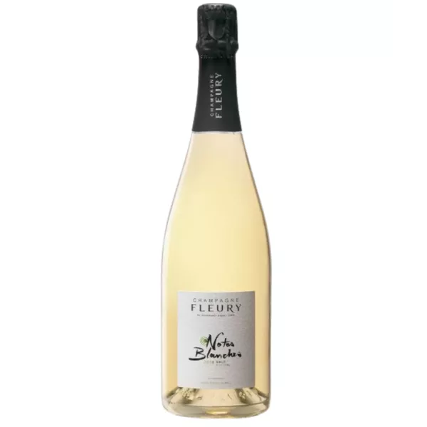 Bouteille de Champagne Fleury Notes Blanches Brut Nature 2016, vue de face, étiquette blanche sur fond clair
