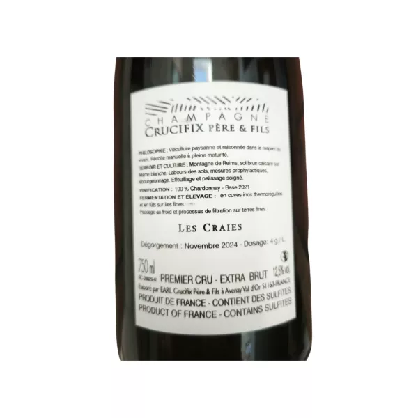 Contre-étiquette de la Bouteille de Champagne Crucifix Les Craies – Blanc de Blancs Extra Brut Premier Cru