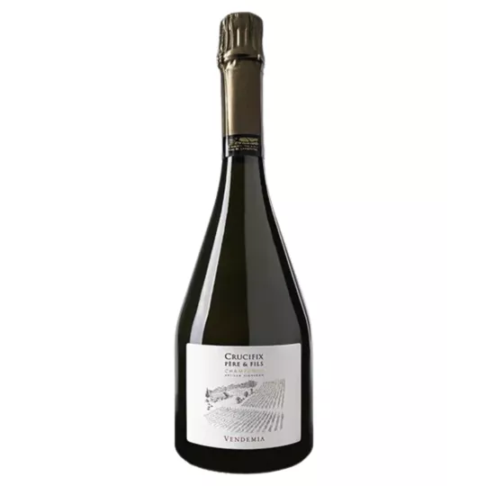 Bouteille de Champagne Crucifix Vendemia Extra-Brut Premier Cru, 80 % Chardonnay, 60 mois d’élevage.