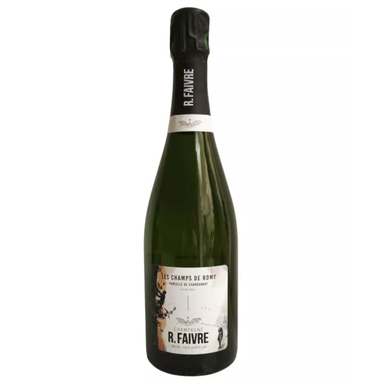 Contre étiquette de la Bouteille de Champagne R. Faivre Les Champs de Romy – Blanc de Blancs Extra Brut