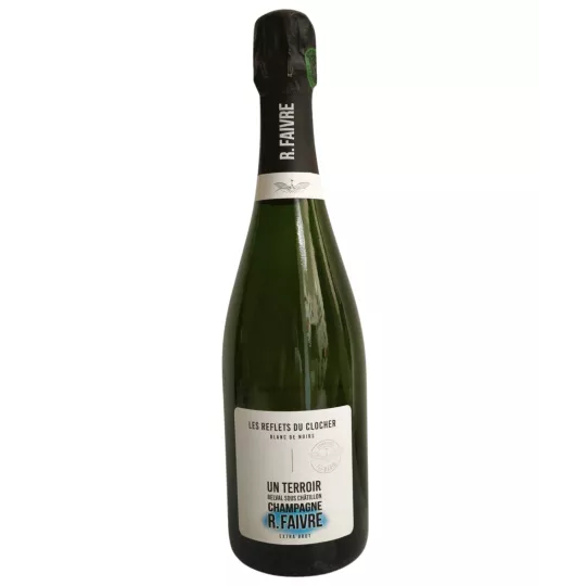 Bouteille de Champagne R. Faivre Les Reflets du Clocher Extra Brut, étiquette blanc-noir, 750 ml.