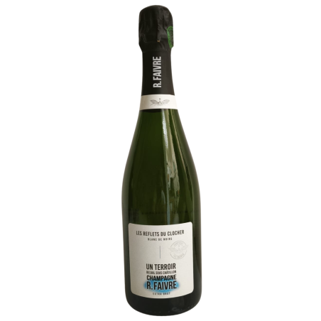 Bouteille de Champagne R. Faivre Les Reflets du Clocher Extra Brut, étiquette blanc-noir, 750 ml.