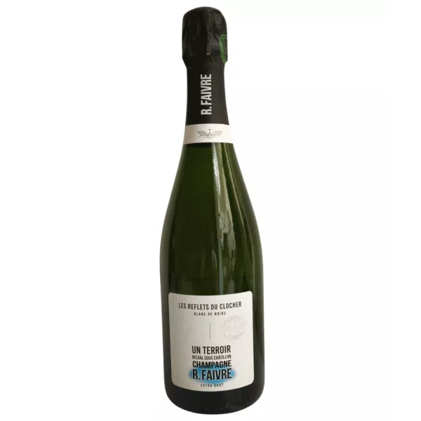 Bouteille de Champagne R. Faivre Les Reflets du Clocher Extra Brut, étiquette blanc-noir, 750 ml.