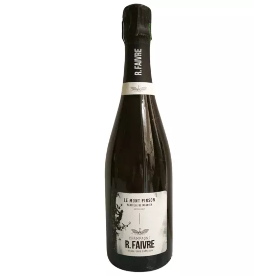 Bouteille de Champagne R. Faivre Le Mont Pinson – Pinot Meunier, robe rosée, cuvée extra‑brut.
