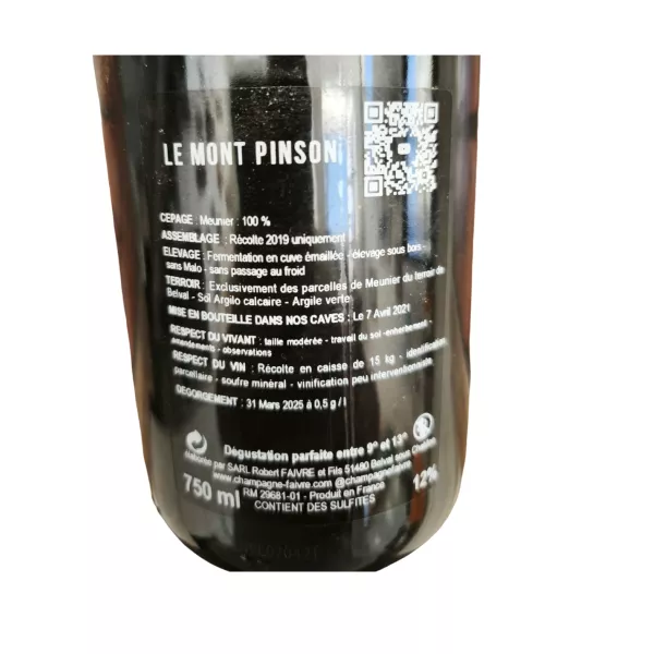 Contre étiquette de la Bouteille de Champagne R. Faivre Le Mont Pinson – Pinot Meunier, robe rosée, cuvée extra‑brut.