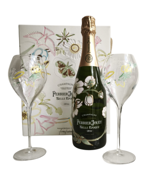 Coffret champagne Perrier-Jouët Belle Époque 2016 avec 2 flûtes élégantes – flacon et verres Art Nouveau