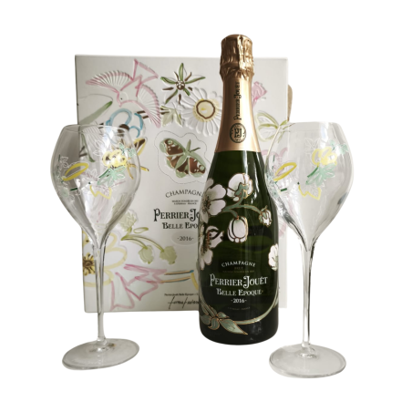 Coffret champagne Perrier-Jouët Belle Époque 2016 avec 2 flûtes élégantes – flacon et verres Art Nouveau