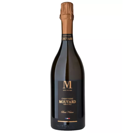 Bouteille de Champagne Moutard Brut Nature – assemblage Pinot Noir et Chardonnay, cuvée non dosée de la Côte des Bar.