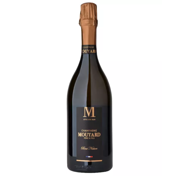 Bouteille de Champagne Moutard Brut Nature – assemblage Pinot Noir et Chardonnay, cuvée non dosée de la Côte des Bar.
