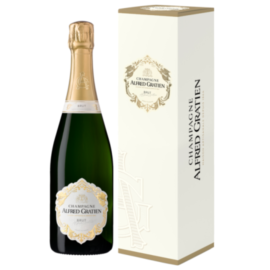 Bouteille de Champagne Alfred Gratien Brut Classique – cuvée issue de Chardonnay, Pinot Noir et Meunier, vinifiée en fûts.