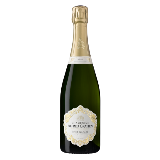 Bouteille de Champagne Alfred Gratien Brut Nature, cuvée zéro dosage vinifiée en fût de chêne à Épernay.