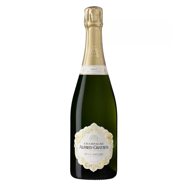Bouteille de Champagne Alfred Gratien Brut Nature, cuvée zéro dosage vinifiée en fût de chêne à Épernay.