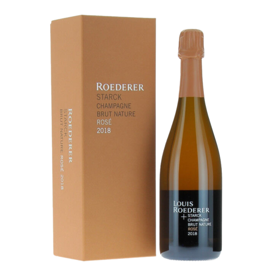 Bouteille de Champagne Louis Roederer Brut Nature Rosé 2018 by Philippe Starck, rosé pâle, édition millésimée sans dosage.