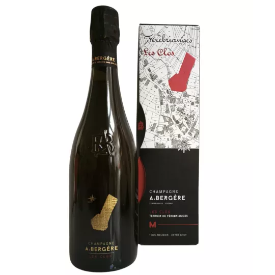 Champagne A. Bergère Les Clos Blanc de Noirs 2019 extra brut bouteille vue arrière contre étiquette Meunier vieilles vignes
