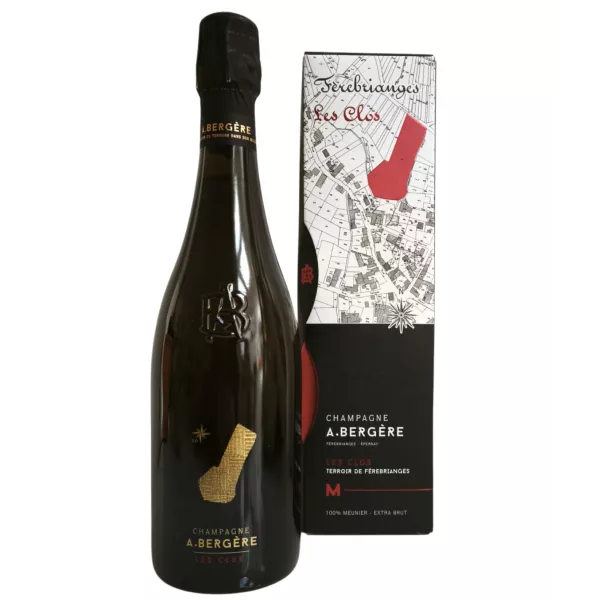 Champagne A. Bergère Les Clos Blanc de Noirs 2019 extra brut bouteille vue arrière contre étiquette Meunier vieilles vignes