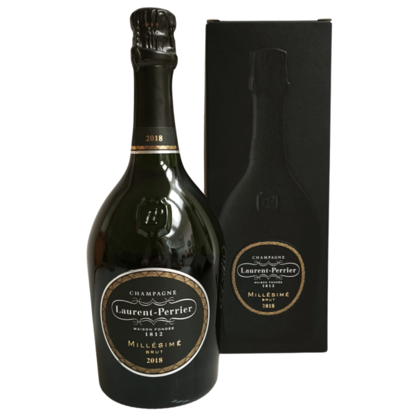 Bouteille de Champagne Laurent-Perrier Brut Millésimé 2018 présentée avec son étui coffret