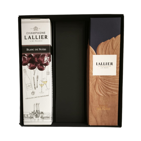 Coffret oenologique Champagne Lallier comprenant deux bouteilles 75cl : Blanc de Noirs Grand Cru et Cuvée Nature sans dosage.