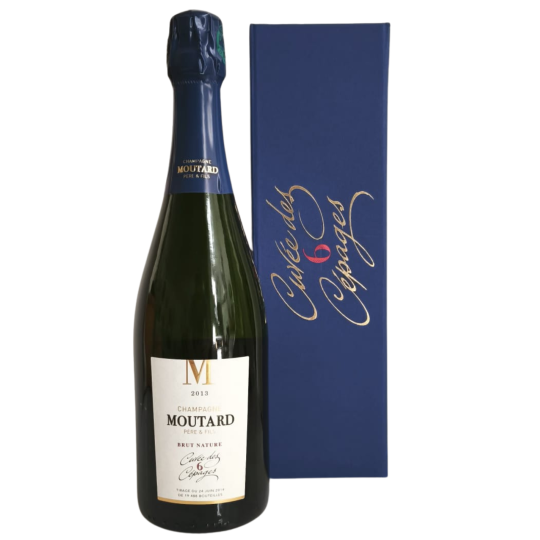 Bouteille de Champagne Moutard Cuvée des 6 Cépages Millésime 2013 Extra Brut dans son étui