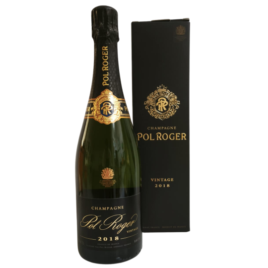Bouteille de Champagne Pol Roger Brut Millésime 2018 dans son étui de protection