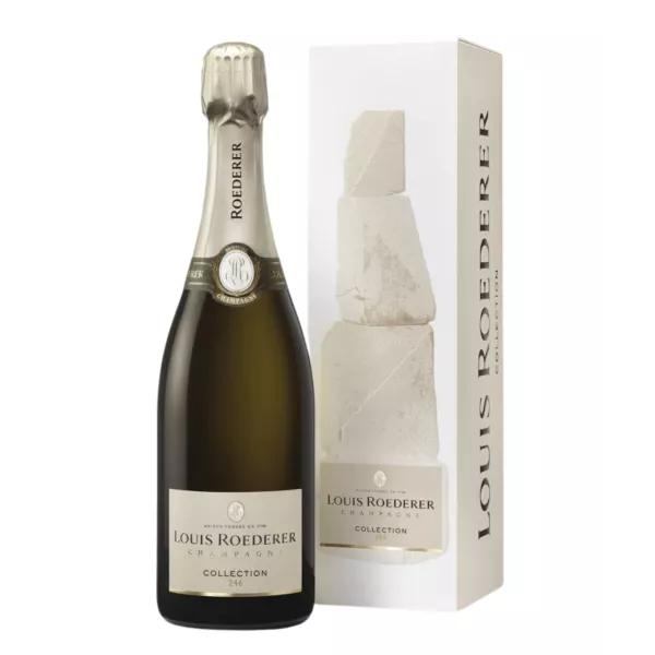 Bouteille de Champagne Louis Roederer Collection 246 avec son étui élégant sur fond minimaliste