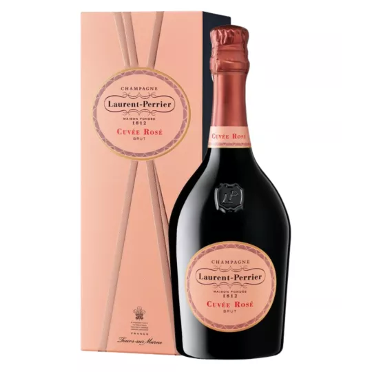 Bouteille de Champagne Laurent-Perrier Cuvée Rosé dans son flacon écussonné historique