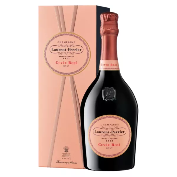 Bouteille de Champagne Laurent-Perrier Cuvée Rosé dans son flacon écussonné historique