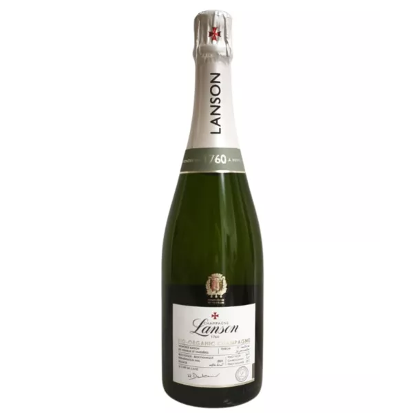 Bouteille Champagne Lanson Le Green Label Bio, étiquette verte certifiée Agriculture Biologique.