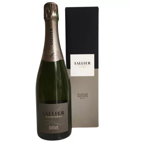 Bouteille de Champagne Lallier Blanc de Noirs Brut Grand Cru 75cl, étiquette blanche, avec son étui illustré.