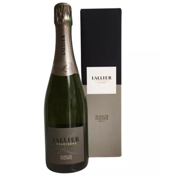 Bouteille de Champagne Lallier Blanc de Noirs Brut Grand Cru 75cl, étiquette blanche, avec son étui illustré.