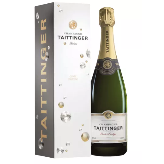 Bouteille de Champagne Taittinger Brut Prestige, vue de face, étiquette blanche et dorée