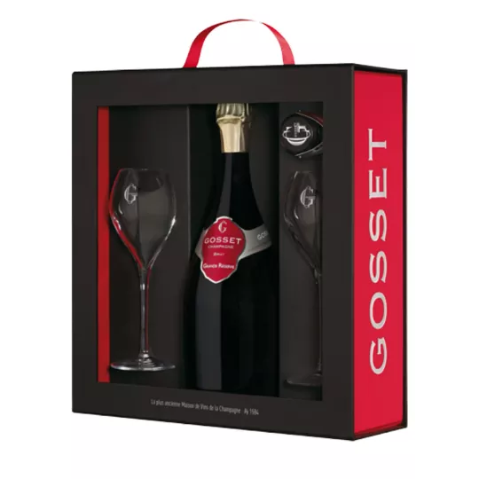 Bouteille de Champagne Gosset Grande Réserve Brut 75cl, étiquette rouge, vue de face