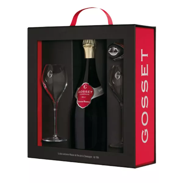 Bouteille de Champagne Gosset Grande Réserve Brut 75cl, étiquette rouge, vue de face