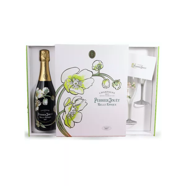 Coffret champagne PERRIER-JOUËT Belle Epoque 2008 avec 2 flûtes