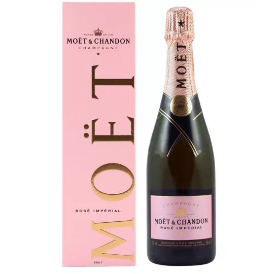 Bouteille de Champagne Moët & Chandon Rosé Impérial, vue de face, étiquette rose et capsule assortie