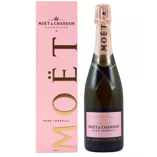 Bouteille de Champagne Moët & Chandon Rosé Impérial, vue de face, étiquette rose et capsule assortie