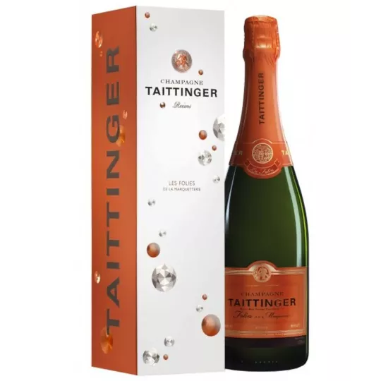 Bouteille de Champagne Taittinger Folies de la Marquetterie, étiquette cuivrée, vue de face