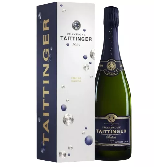 Bouteille de Champagne Taittinger Prélude Grands Crus, vue de face, étiquette blanche et dorée