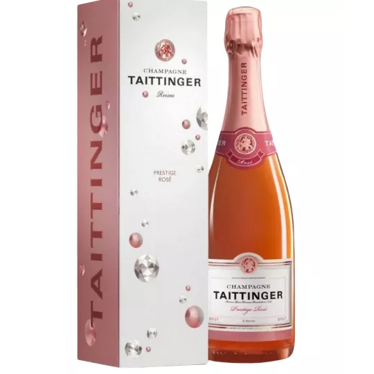 Bouteille de Champagne Taittinger Prestige Rosé, vue de face, étiquette visible