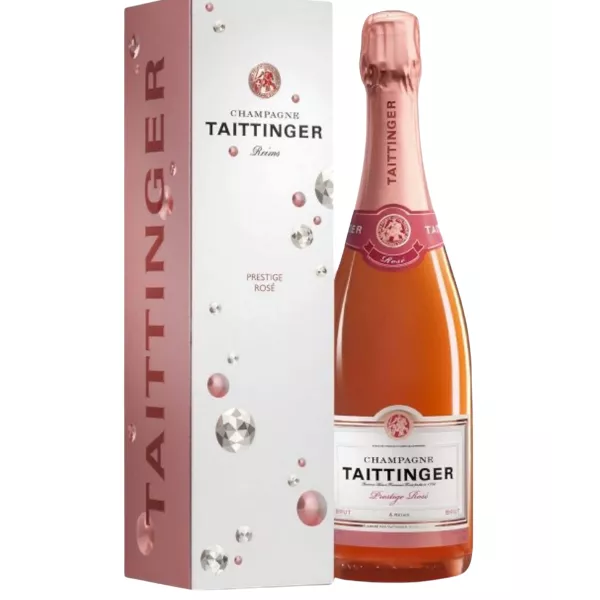 Bouteille de Champagne Taittinger Prestige Rosé, vue de face, étiquette visible