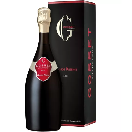 Bouteille de Champagne Gosset Grande Réserve Brut, vue de face, étiquette rouge distinctive
